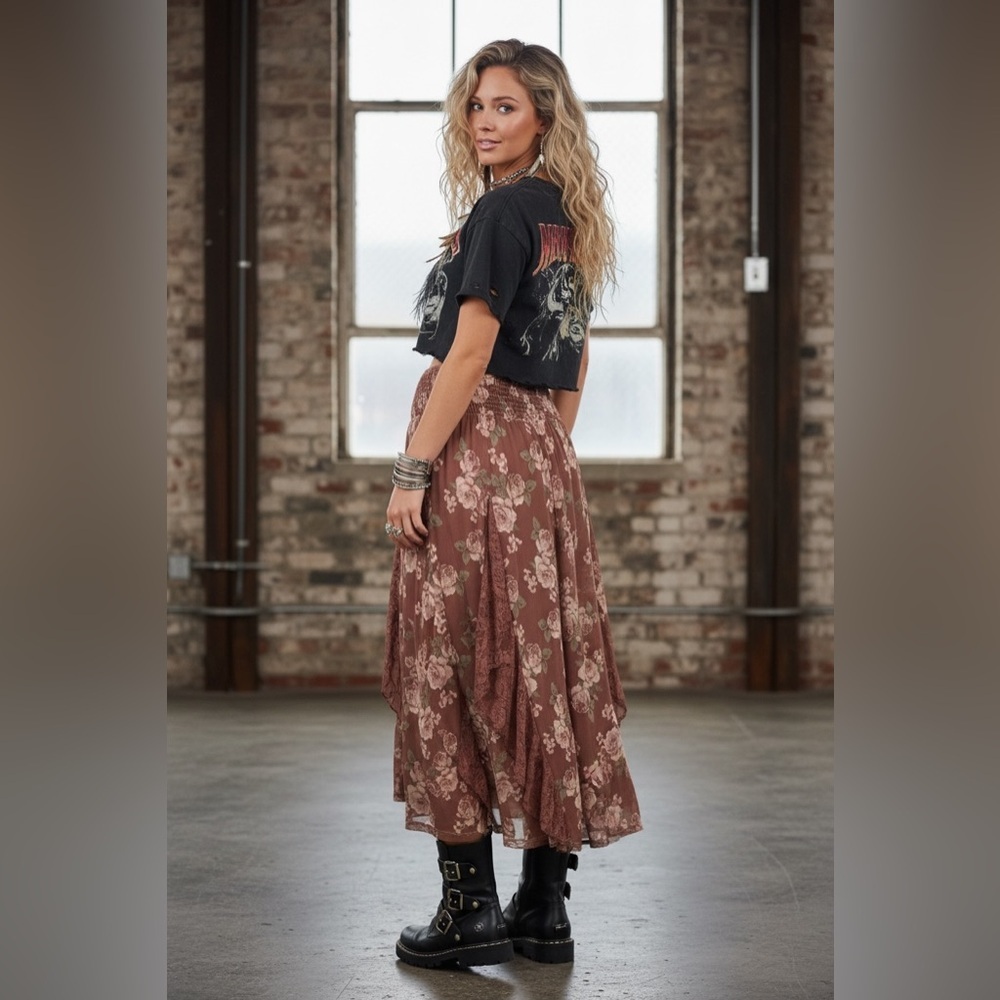 NWT Listicle Floral Print Boho Lace Smocked Waist Maxi Skirt Midi Red Bean - Picture 3 of 8